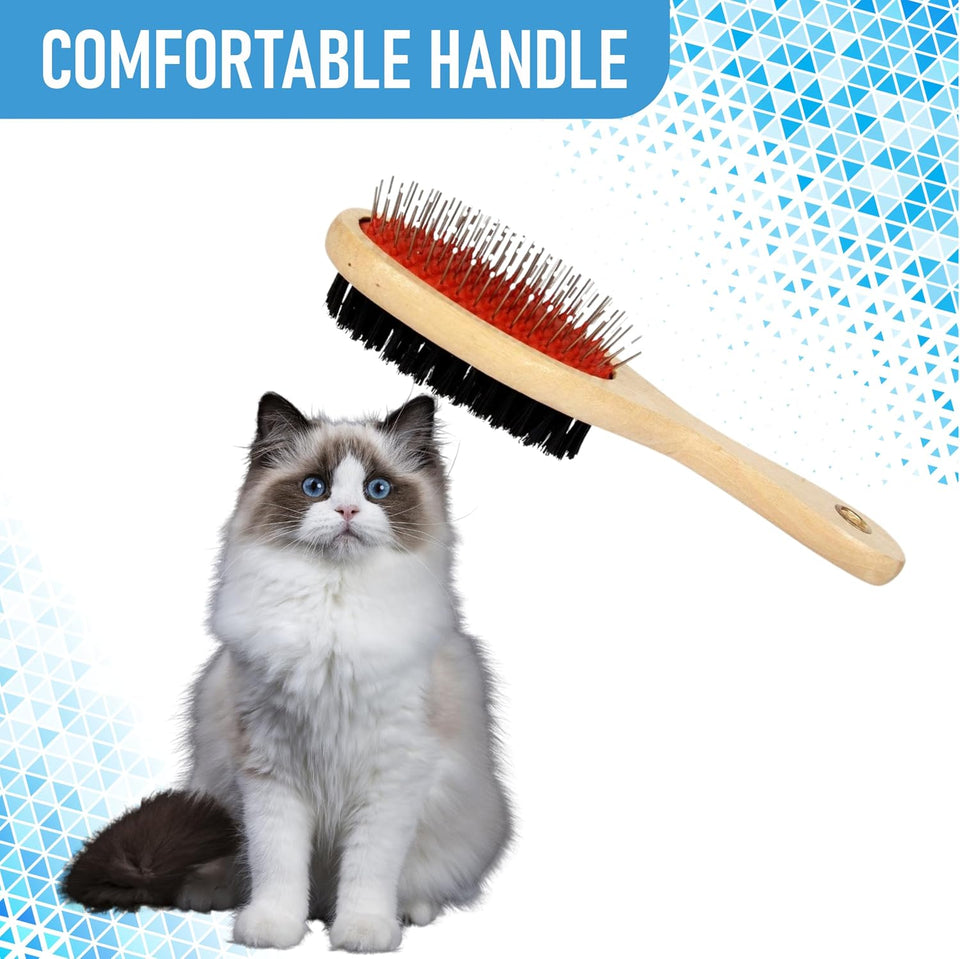 Double-Sided Wooden Pet Grooming Brush | Bristle & Pin Brush for Dogs & Cats