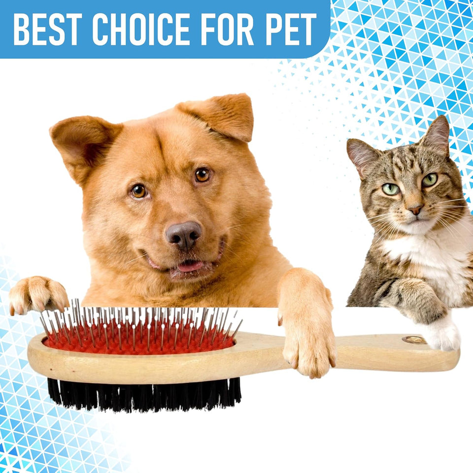Double-Sided Wooden Pet Grooming Brush | Bristle & Pin Brush for Dogs & Cats