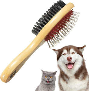 Double-Sided Wooden Pet Grooming Brush | Bristle & Pin Brush for Dogs & Cats