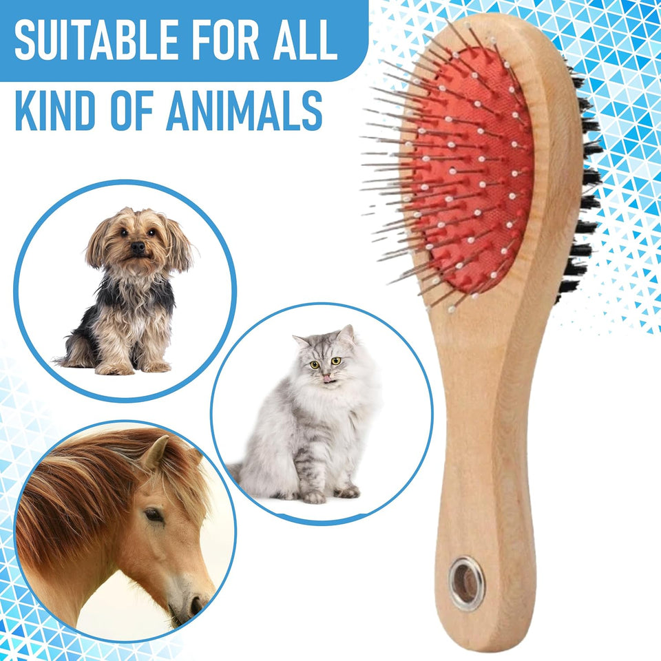 Double-Sided Wooden Pet Grooming Brush | Bristle & Pin Brush for Dogs & Cats