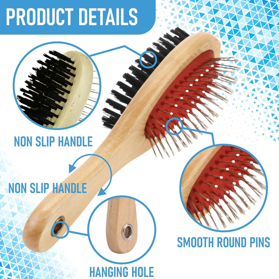 Double-Sided Wooden Pet Grooming Brush | Bristle & Pin Brush for Dogs & Cats